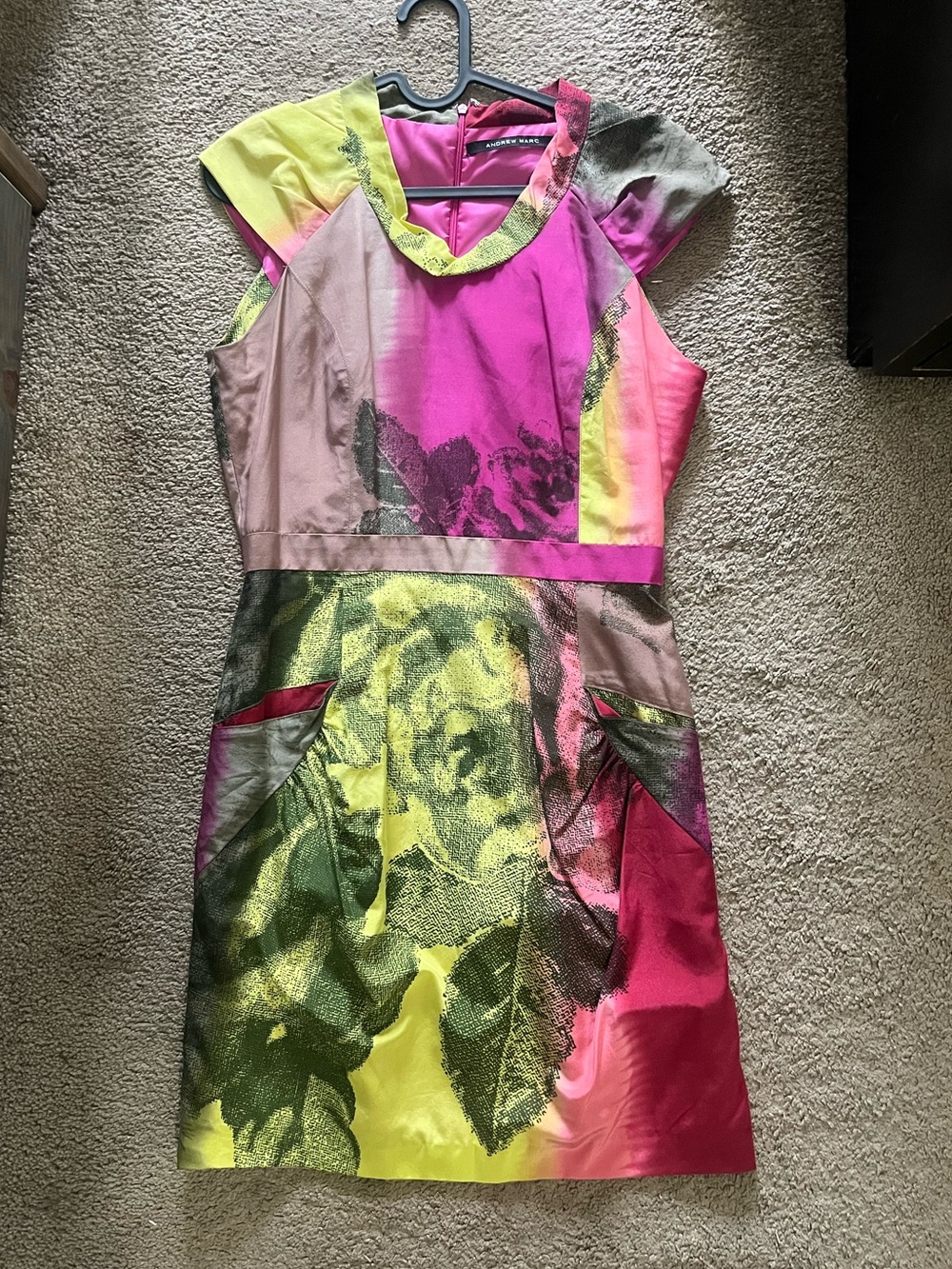 Andrew Marc Pink & Yellow Abstract Print Cap-Sleeve Silk Dress
